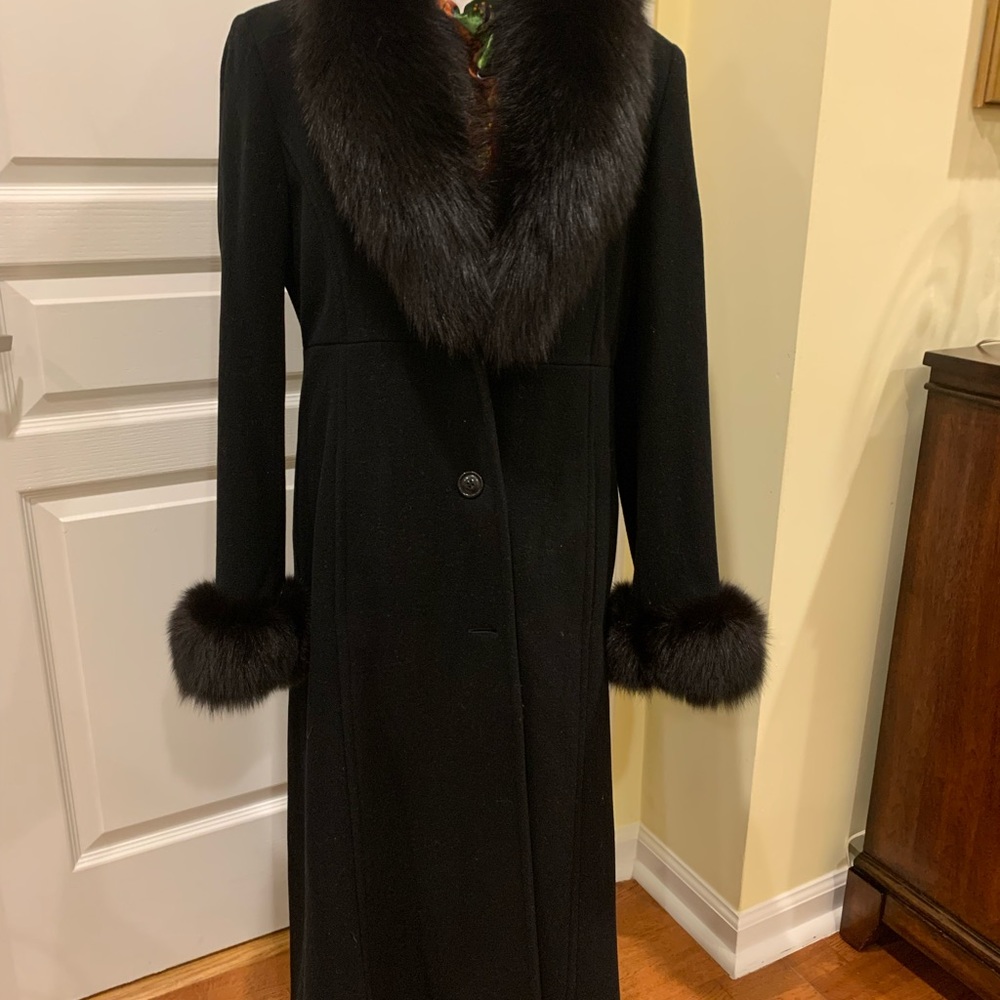 Marvin Richards Fox Fur Coat, Fox Fur Trim, Stand Up Collar & Wrist, size 10